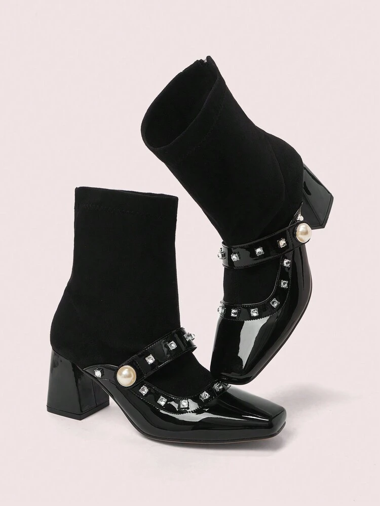 CUCCOO DOLLMOD Women's Fashionable & Comfortable Black Buckle Rhinestone Decor Square Toe Chunky Heel Casual Versatile Ankle Boots With Back Zipper New Year Holiday