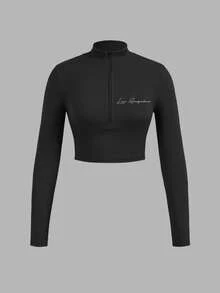 SHEIN EZwear 3 件套女士简约字母拉链半领长袖 T 恤套装，罗纹面料，适合春秋季 - 彩色 - 查看 7