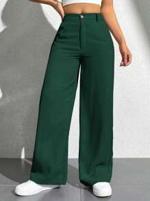 SHEIN PETITE Pantalones casuales de unicolor con bolsillo y botones delanteros para mujeres - Verde Oscuro - Ver 3