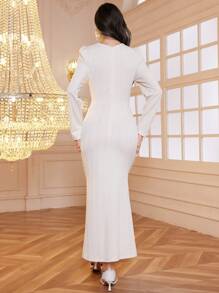Modelyn Women's Solid Color Round Neck Hollow Pleated Elegant Long Sleeve Dress Long Evening Dresses