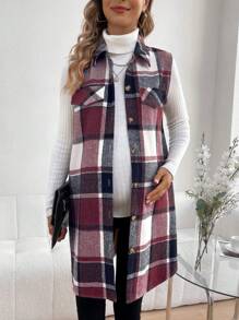 SHEIN Jaket Tanpa Lengan Kasual Kancing Depan Motif Kotak-kotak untuk Wanita Hamil, Untuk Ibu Hamil - Redwood - View 5