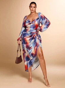 SHEIN BAE Vestido de mujer de talla grande elegante con estampado de mármol, abertura, drapeado y volantes, adecuado para uso casual, vacaciones, citas y fiestas