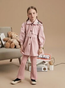PrepCrw 年轻女孩学院风宽松单排扣连帽风衣，粉色，秋冬