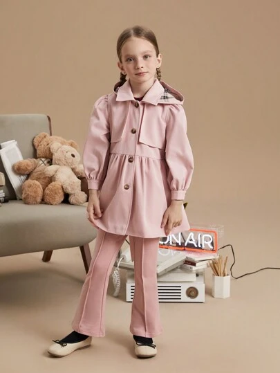 PrepCrw Unga flickor College Style Loose Fit enkelknäppt huva trenchcoat, rosa, höst/vinter