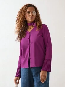 SHEIN Unity Plum Red Flare Sleeve Tie Detail Women Blouse, Autumn/Winter - Red Violet - View 4