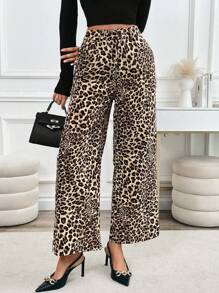 SHEIN LUNE 2024 Autumn New Casual Leopard Print Wide Leg Pocket Pants, Matching Blogger Style Fall Cloth For Women - Multicolor - View 3