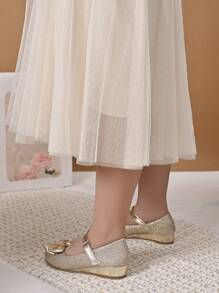 1 Pair Girls Shiny Gold Bowknot Decor Wedge High Heels, Suitable For Christmas Holiday - Gold - View 2