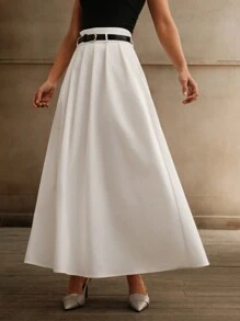 Anewsta Women White High Waist Pleated A-Line Skirt With Belt