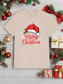 Manfinity Homme 男士 1 件时尚休闲圣诞字母图案情侣短袖 T 恤，圣诞礼物 - 卡其色 - 查看 3