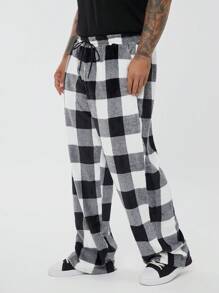 Manfinity VCAY 大码男士宽松休闲黑白水牛格子法兰绒长裤，外出宽松裤，适合老公、男朋友的礼物