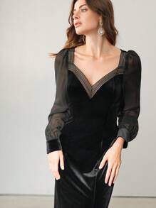 Anewsta Women Lace Trim Slit Hollow Velvet Elegant Sexy Dress