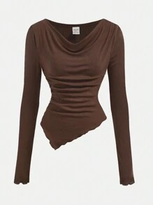 Girlism 少女 2 件套咖啡棕色罗纹不对称下摆上衣搭配 A 字裙，优雅复古风格，适合外出和派对 - 咖啡棕 - 查看 6