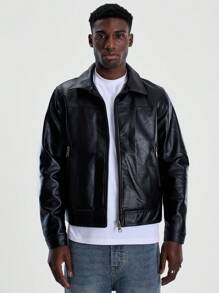 Musero 男士 PU 领卡车司机夹克 - 黑色 - 查看 1