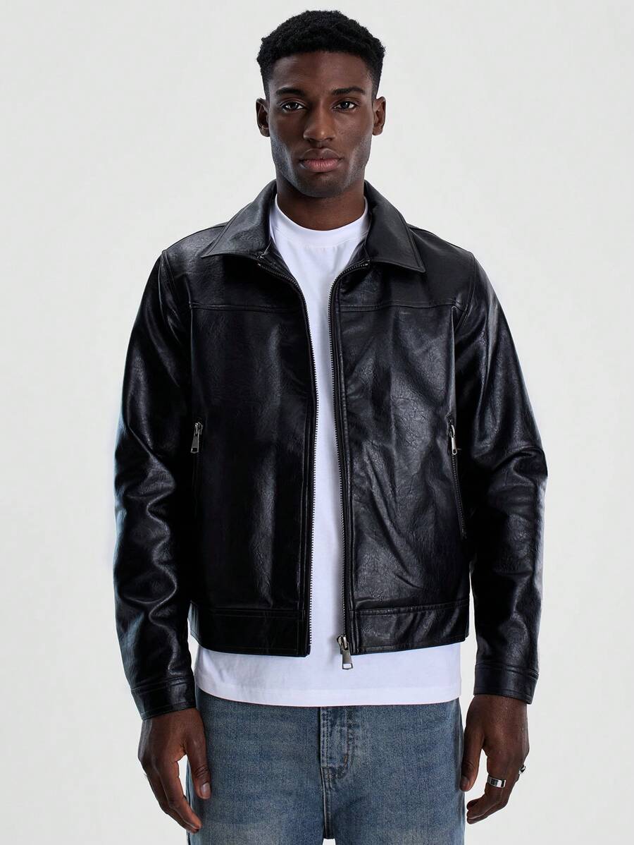 Musero 男士 PU 领卡车司机夹克 - 黑色 - 查看 1