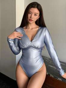 DAZY 未来感光泽面料合身睡衣 - 霧霾藍 - 查看 8