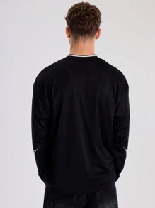 Musero 宽松长袖落肩V领印花针织T恤 春夏必备 - 黑色 - 查看 5