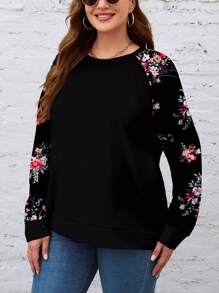 SHEIN LUNE Áo nỉ chui đầu dáng rộng họa tiết hoa cỡ lớn cho nữ, áo trùm đầu cổ tròn tay raglan thường ngày cho mùa thu/đông Giáng sinh dành cho nữ - màu đen - Xem 3