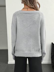 SHEIN LUNE 1pc Women Solid Color V-Neck Casual Pullover Sweater Knit Pullover Fall Winter - Grey - View 2