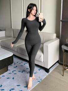 DAZY Set de 2 piezas de top de manga larga con cuello de tripulación y pantalones de unicolor con contraste de encaje, para mantener el calor