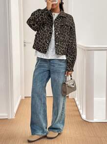 SHEIN Essnce Women Leopard Print Short Jacket, Spring And Autumn - Coffee Brown - View 6