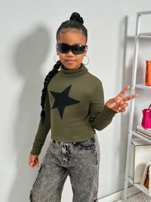 SHEIN Tween Girls Fitted Ribbed Knit Turtleneck Long Sleeve Active Top - Army Green - View 4