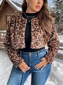 SHEIN Privé Plus Size Elegant Fluffy Leopard Pattern Long Sleeve Jacket For Women, Autumn Winter - Multicolor - View 3