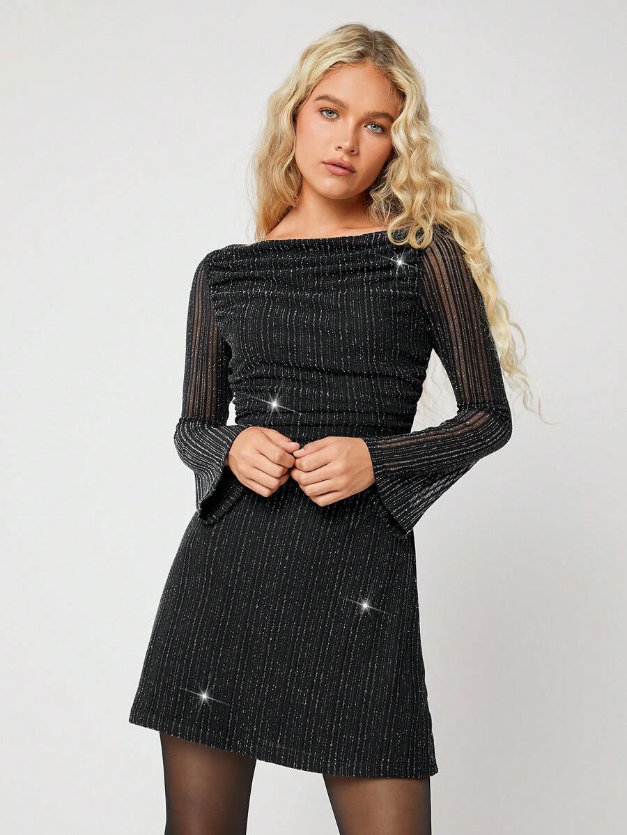 Easelle Mesh Glitter Backless Dress For Women - Black - View 1
