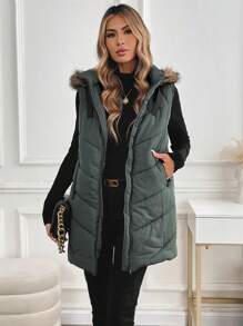 SHEIN Clasi Slant Pockets Sleeveless Argyle Quilted Vest Coat Hooded Warm For Autumn And Winter,Winter Clothes For Women,Winter Women Coat, Hooded