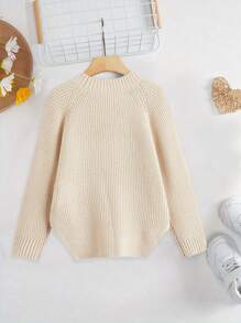 SHEIN 1 件 Tween Girl 插肩袖加厚时尚休闲套头衫，适合居家、外出、派对、返校、春季、夏季和秋季 - 杏色 - 查看 2