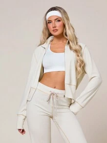 VARSITIE Women's Contrast Trim Zipper Front Casual Hoodie Hoodie - White - View 1