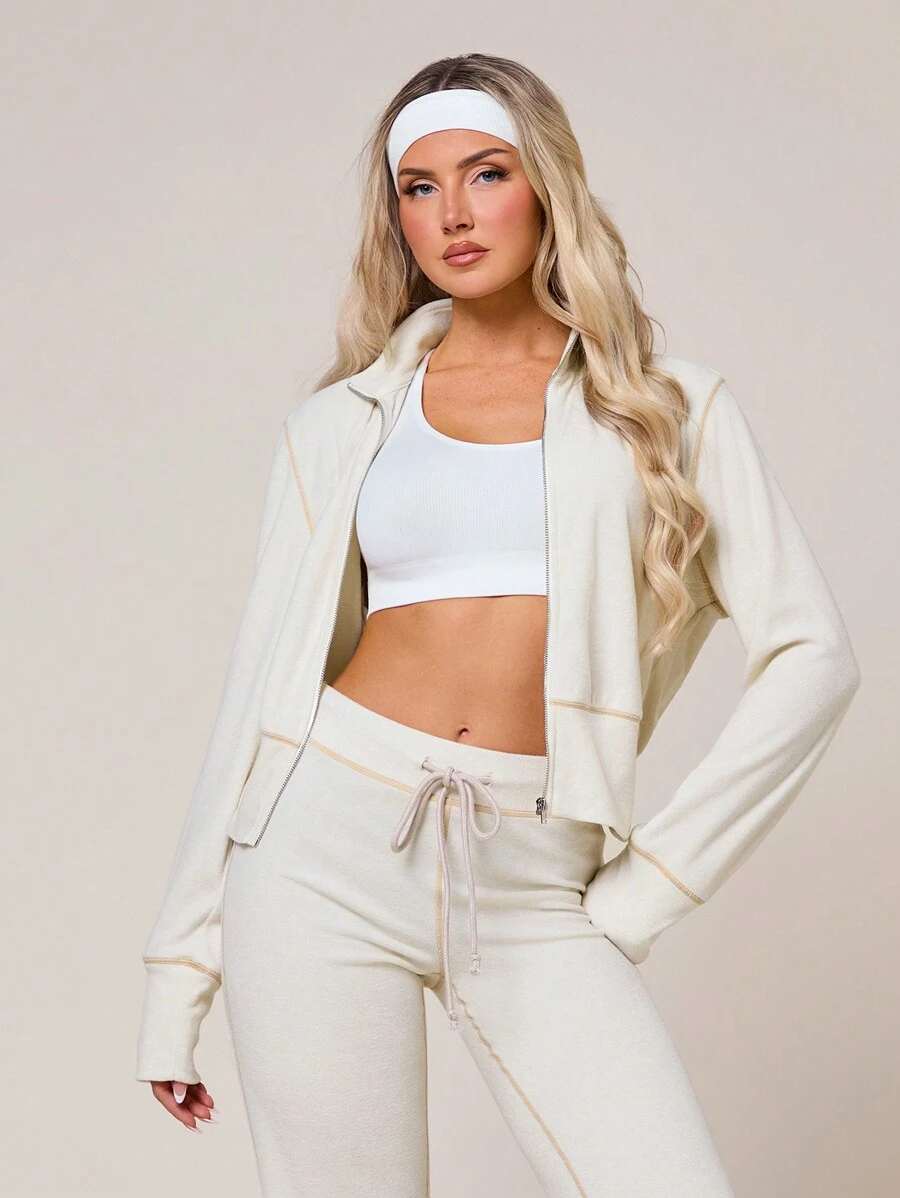 VARSITIE Women's Contrast Trim Zipper Front Casual Hoodie Hoodie - White - View 1