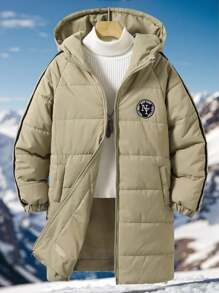 Tween 男童长款字母印花连帽休闲棉服外套，百搭日常穿着 - 彩色 - 查看 1