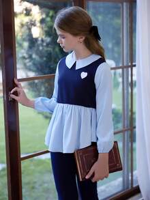 SHEIN Bộ 2 áo sơ mi dài vừa in hình trái tim 2 trong 1 và quần ống loe, trang phục trang trọng dễ thương cho bé gái tuổi mới lớn, mùa thu/đông - Nhiều màu - Xem 6