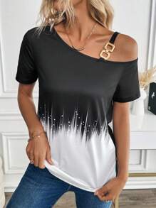 SHEIN LUNE Women Casual Color Block Asymmetric Collar T-Shirt - Multicolor - View 6