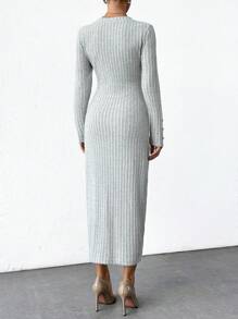 SHEIN Cottnline EZwear Button Detailed Ribbed Kit Bodycon Daily Long Dress - Grey - View 2