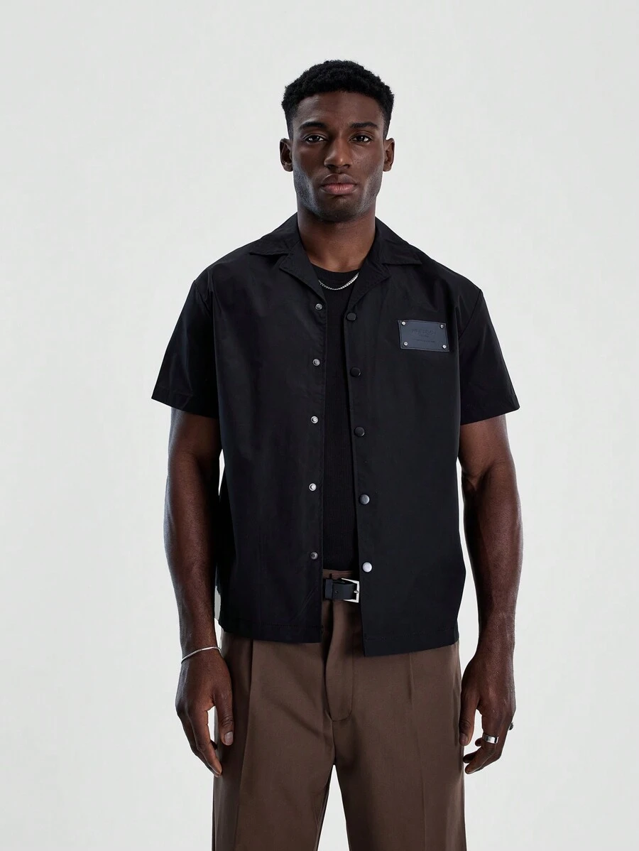 Musero Leather Patch Short Sleeve Button Through Revere Collar Shirt Basics Style Spring Summer - Black - View 1