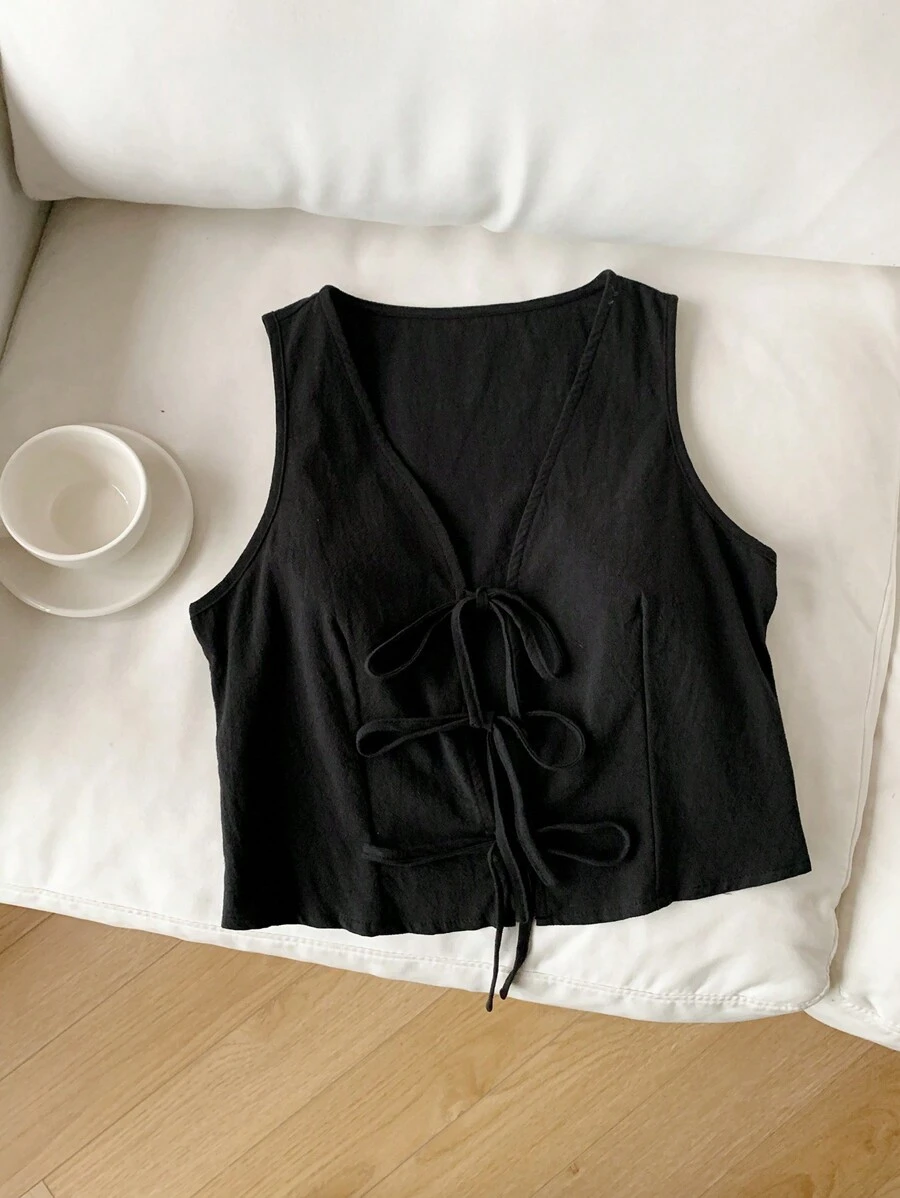 Comfortcana Áo kiểu thường ngày không tay cổ chữ V màu trơn có nút thắt phía trước dành cho nữ mùa hè - màu đen - Xem 1