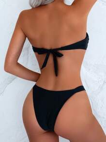 2 件套女士镂空前性感抹胸比基尼泳装套装，夏日假期 - 黑色 - 查看 2