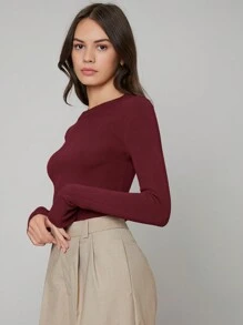 BizChic 女士纯色弹力修身长袖毛衣，浪漫优雅日常时尚商务休闲通勤款，适合办公室、教师、秋冬季商务休闲穿着。 - 酒紅色 - 查看 6