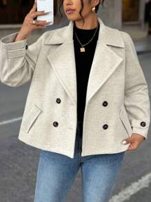 Flirla Plus Size Autumn Notched Collar Loose Raglan Sleeve Short Double-Breasted Overcoat, For Winter - Grey - View 4