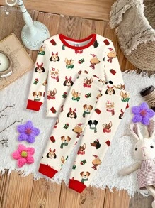 SHEIN Leap Crew 圣诞快乐，可爱小狗图案休闲舒适长袖上衣和长裤，贴身女婴家居服，适合秋冬季 - 彩色 - 查看 3