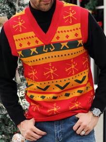 Manfinity Homme 男士几何图案V领休闲针织背心，秋冬 - 彩色 - 查看 3