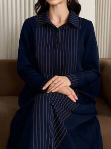 Al Najma 女式条纹长袖 Polo 领休闲宽松阿拉伯连衣裙，休闲朴素 A 字形全长阿拉伯连衣裙，适合休闲日常/家居服 - 藍色 - 查看 6
