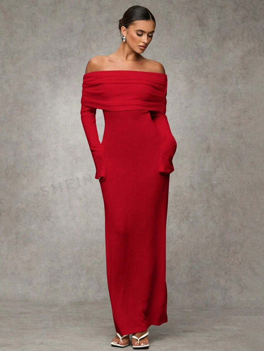 SHEIN BAE Vestido largo ajustado de hombros descubiertos blanco elegante para otoño, vestidos de mujer elegantes, vestido de invitada de boda de otoño