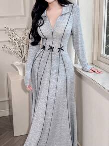 Feyla 女式优雅蝴蝶结装饰拼色边饰端庄长袖阿拉伯长裙，适合秋季 - 灰色 - 查看 5