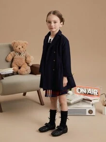 PrepCrw Young Girls' Collegiate Style Black Christmas Weave Fitted Collar Double Breasted Waist A-Line Coat, Autumn/Winter - Blue - View 6