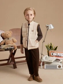 PrepCrw 男童卡其棕色绗缝冬季背心，绣有松鼠图案 - 米色 - 查看 3