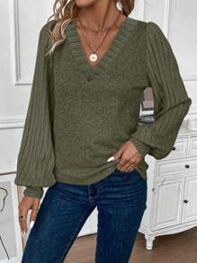 EMERY ROSE Women's Casual V-Neck Loose Long Sleeve Solid Color T-Shirt, Autumn - Army Green - View 5