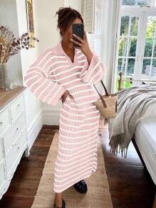 Chiquease Women's POLO Collar V-Neck Striped Low-Cut Casual Long Knit Sweater Dress