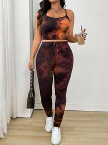 SHEIN EZwear 大码扎染吊带背心和裤子 2 件套（随机扎染），适合夏季 - 棕色 - 查看 6